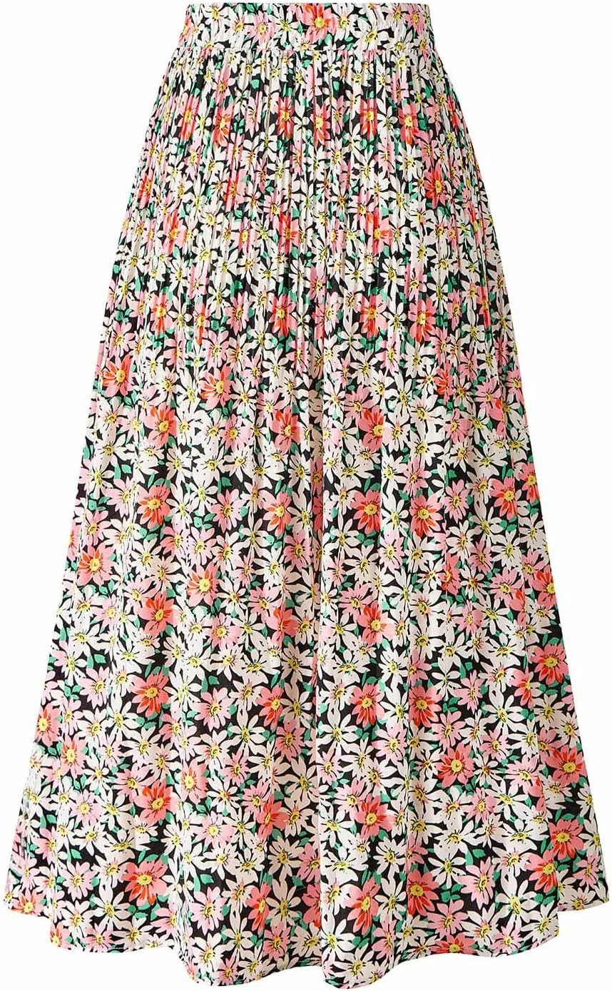 Basoteeuo Womens Skirt Leopard Print Midi Long Shirring Pleated Skirts High Waisted A Line Skirts