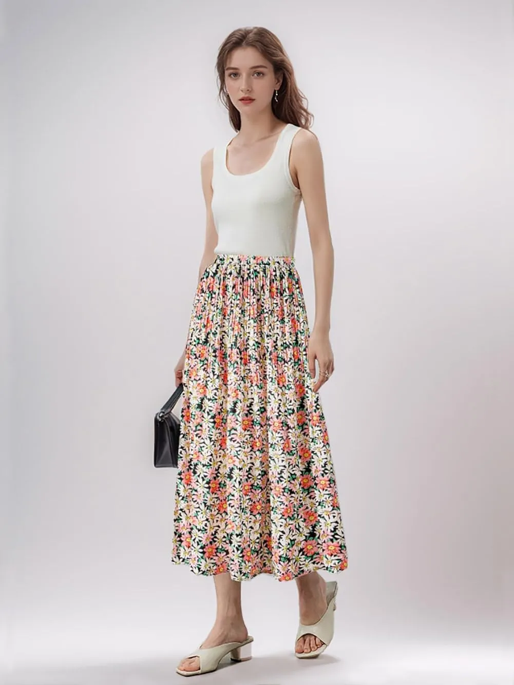 Basoteeuo Womens Skirt Leopard Print Midi Long Shirring Pleated Skirts High Waisted A Line Skirts