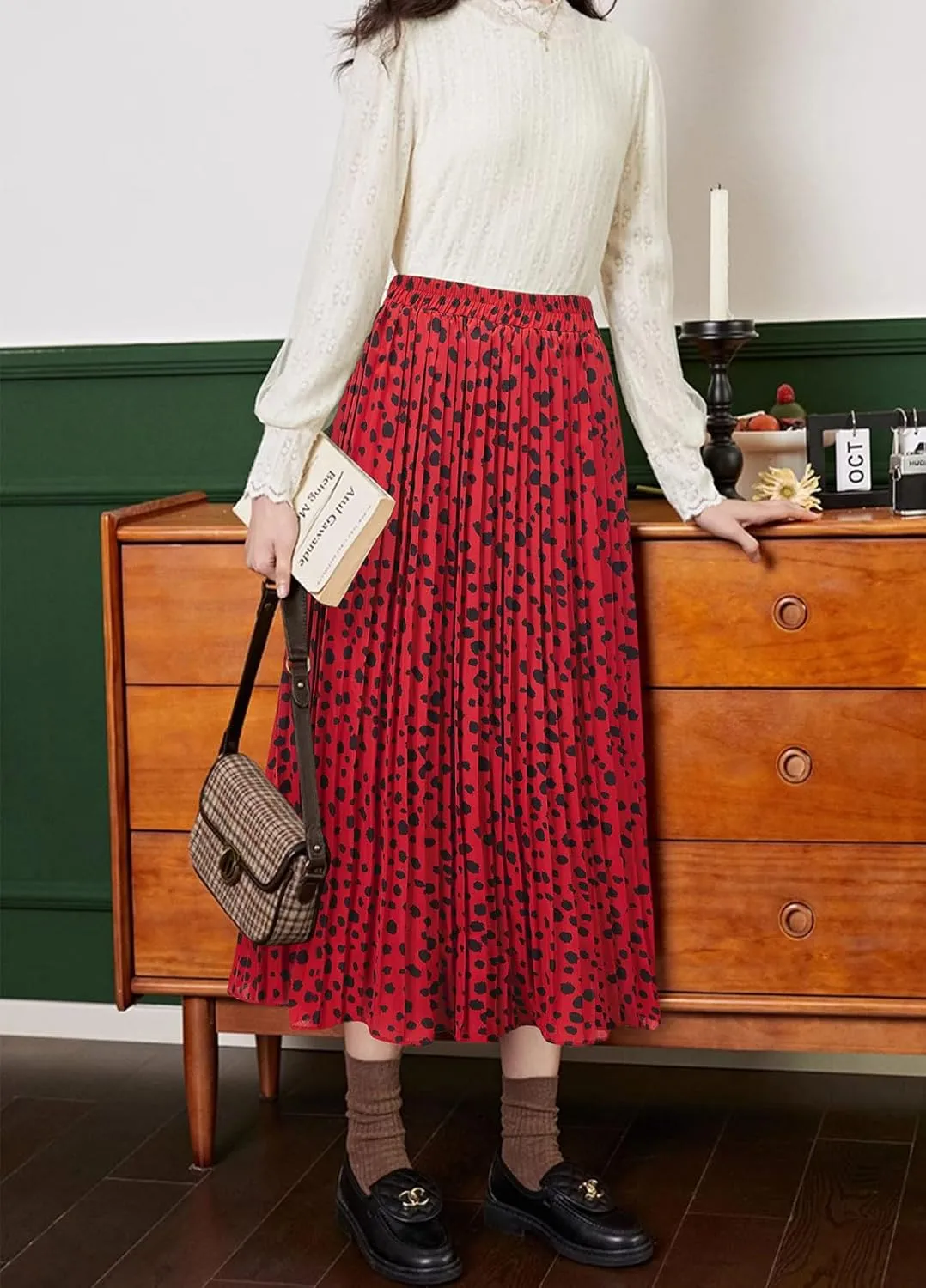 Basoteeuo Womens Skirt Leopard Print Midi Long Shirring Pleated Skirts High Waisted A Line Skirts