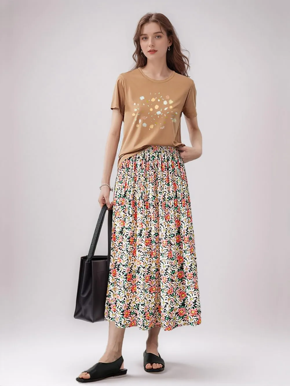 Basoteeuo Womens Skirt Leopard Print Midi Long Shirring Pleated Skirts High Waisted A Line Skirts