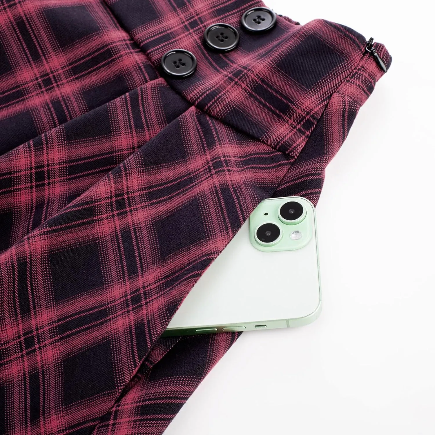 Belle Poque Vintage Plaid Skirt for Women High Waisted Midi A-line Skirts Pleated Skirt with Pockets