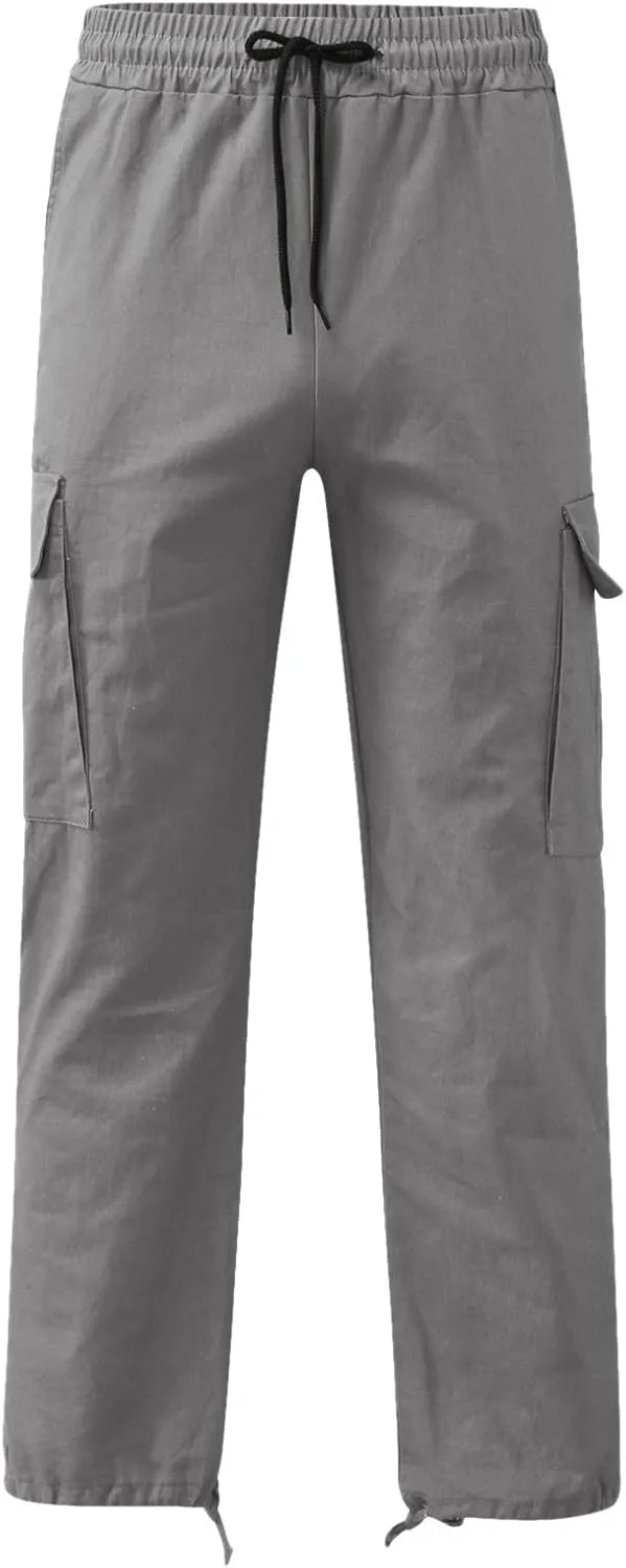 Big and Tall Men Cargo Pants with Multi Pockets Baggy Casual Drawstring Loose Fit Streetwear Fashion Simple Solid Trousers