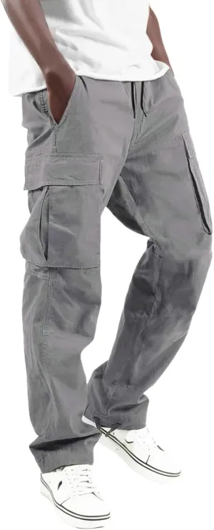 Big and Tall Men Cargo Pants with Multi Pockets Baggy Casual Drawstring Loose Fit Streetwear Fashion Simple Solid Trousers