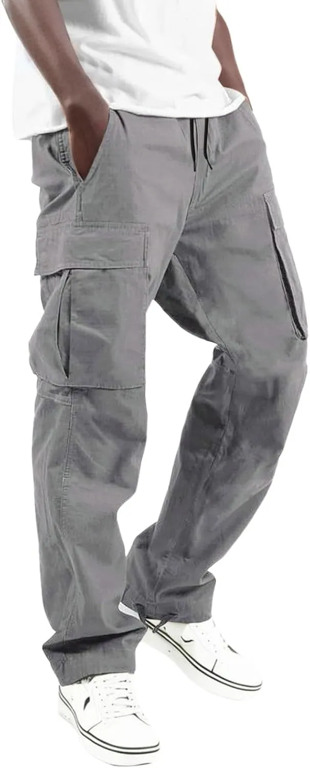 Big and Tall Men Cargo Pants with Multi Pockets Baggy Casual Drawstring Loose Fit Streetwear Fashion Simple Solid Trousers