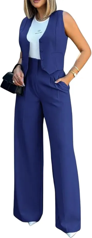 Blazer Sets Women 2 Piece Summer Sleeveless Cropped Vest Blazer Wide Leg Pants Work Office Business Casual Suit Sets