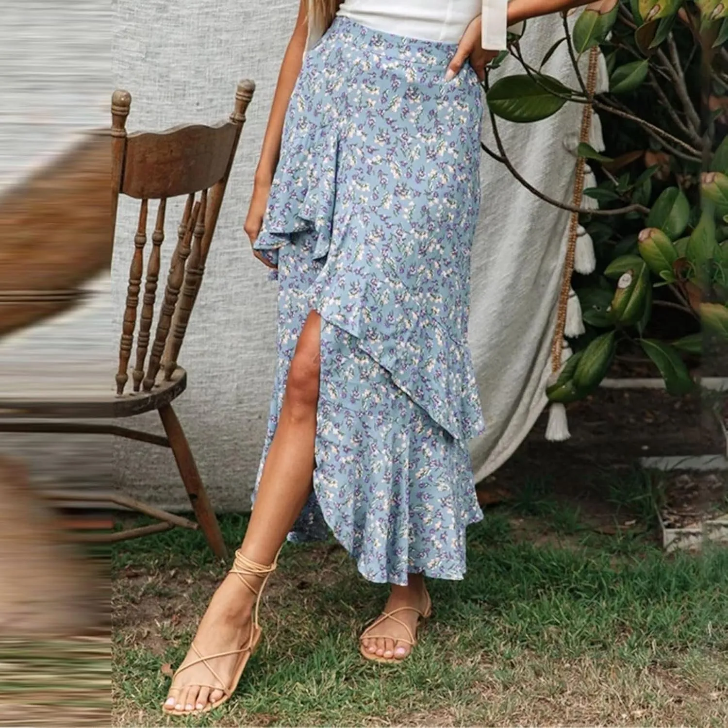 Boho Floral Print Long Skirt Summer High Low Side Slit Ruffle Skirts Women Casual High Waisted Beach Skirt