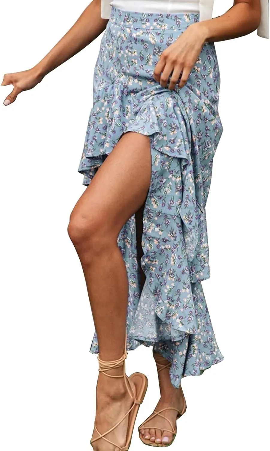 Boho Floral Print Long Skirt Summer High Low Side Slit Ruffle Skirts Women Casual High Waisted Beach Skirt