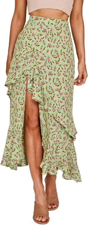 Boho Floral Print Long Skirt Summer High Low Side Slit Ruffle Skirts Women Casual High Waisted Beach Skirt