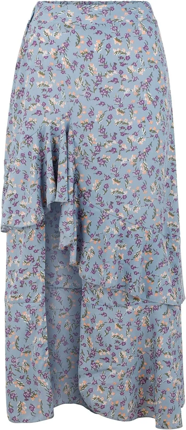 Boho Floral Print Long Skirt Summer High Low Side Slit Ruffle Skirts Women Casual High Waisted Beach Skirt