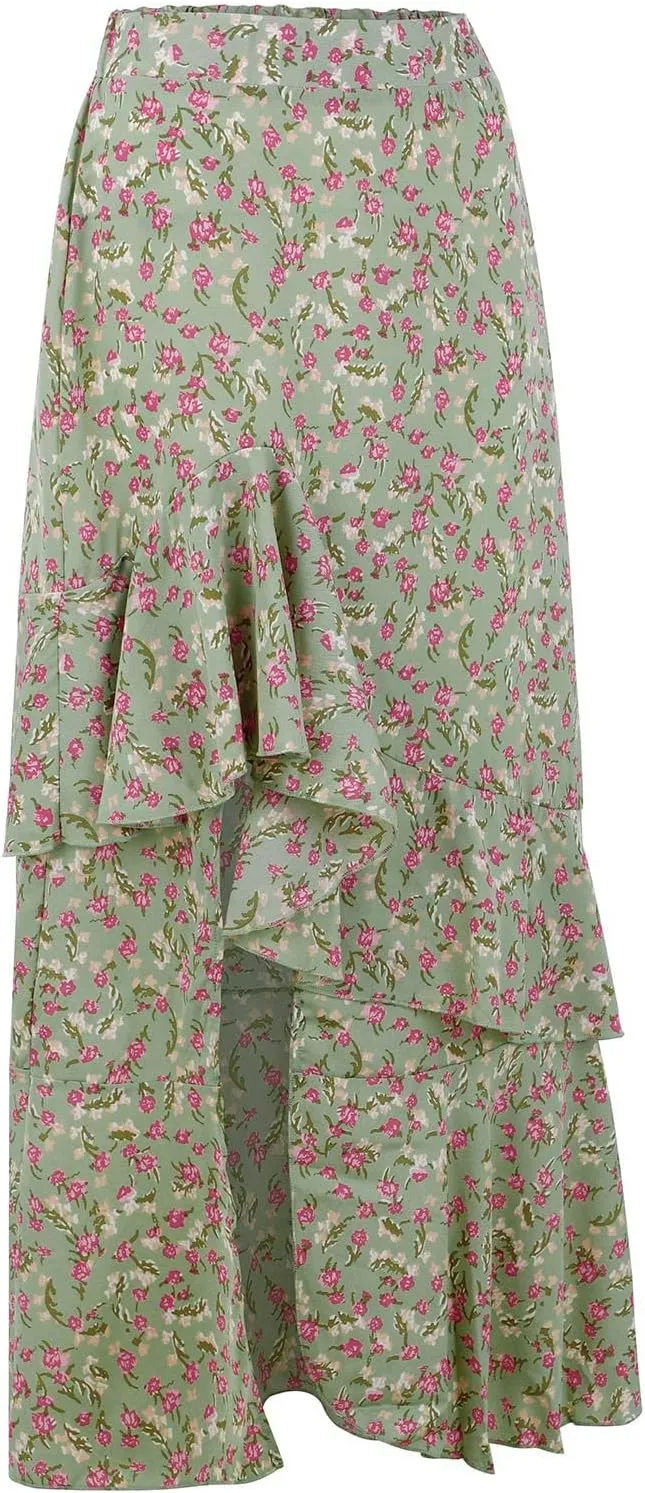 Boho Floral Print Long Skirt Summer High Low Side Slit Ruffle Skirts Women Casual High Waisted Beach Skirt