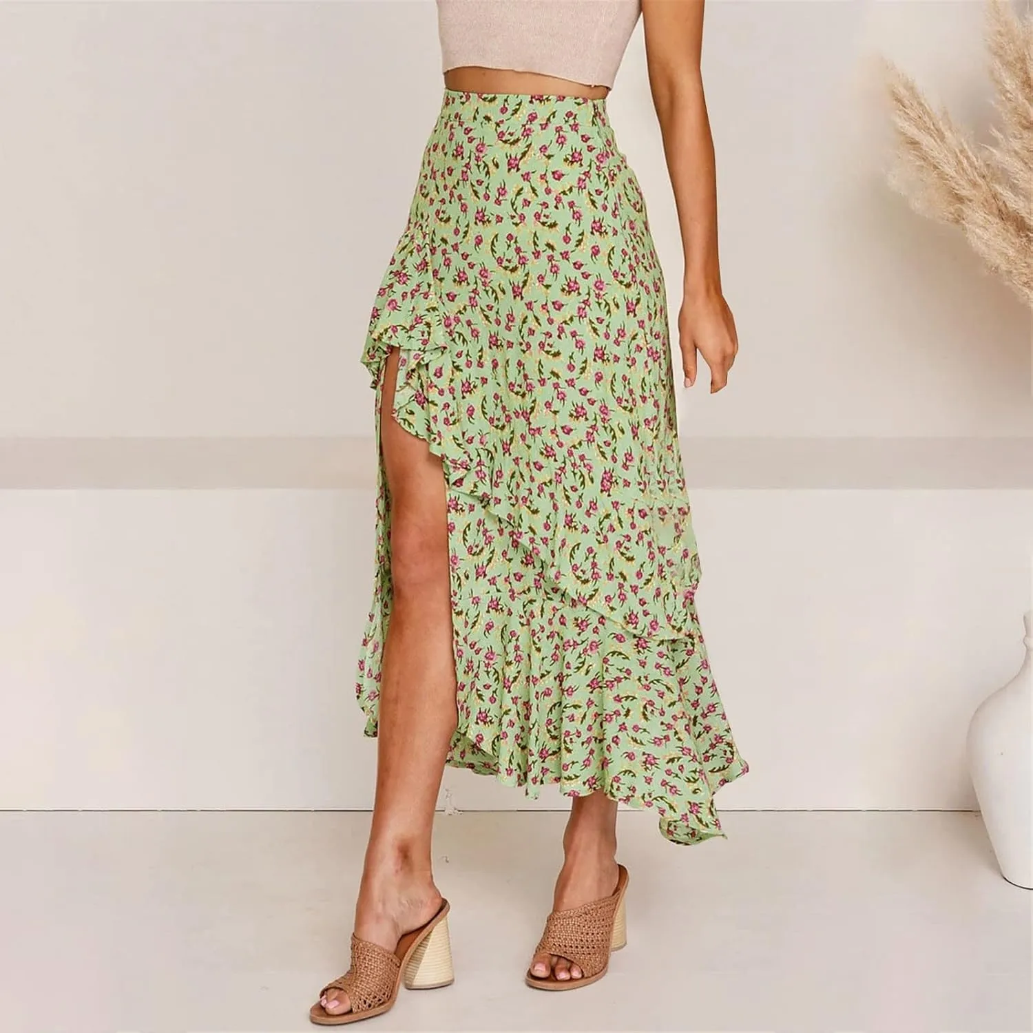 Boho Floral Print Long Skirt Summer High Low Side Slit Ruffle Skirts Women Casual High Waisted Beach Skirt