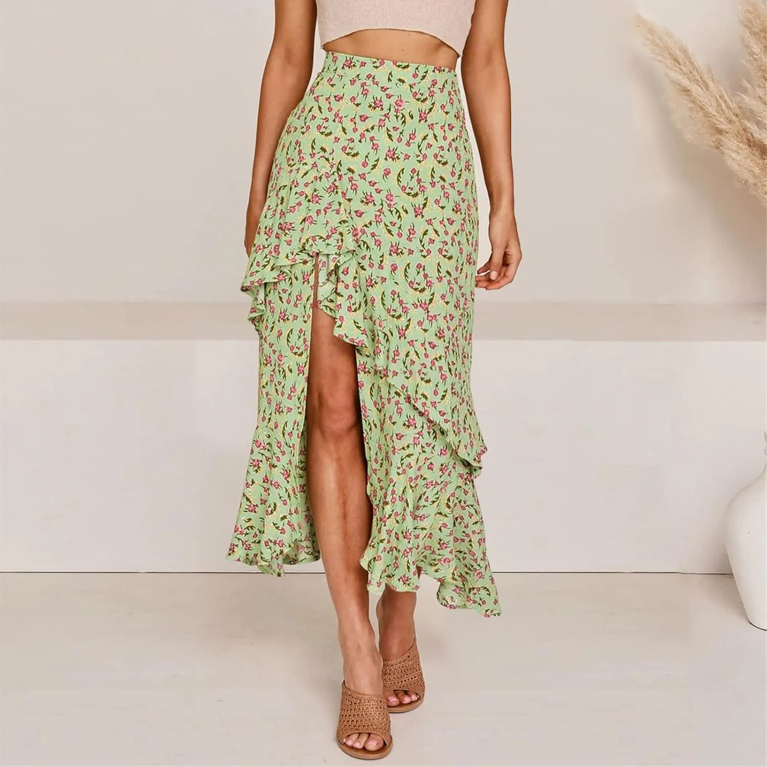 Boho Floral Print Long Skirt Summer High Low Side Slit Ruffle Skirts Women Casual High Waisted Beach Skirt