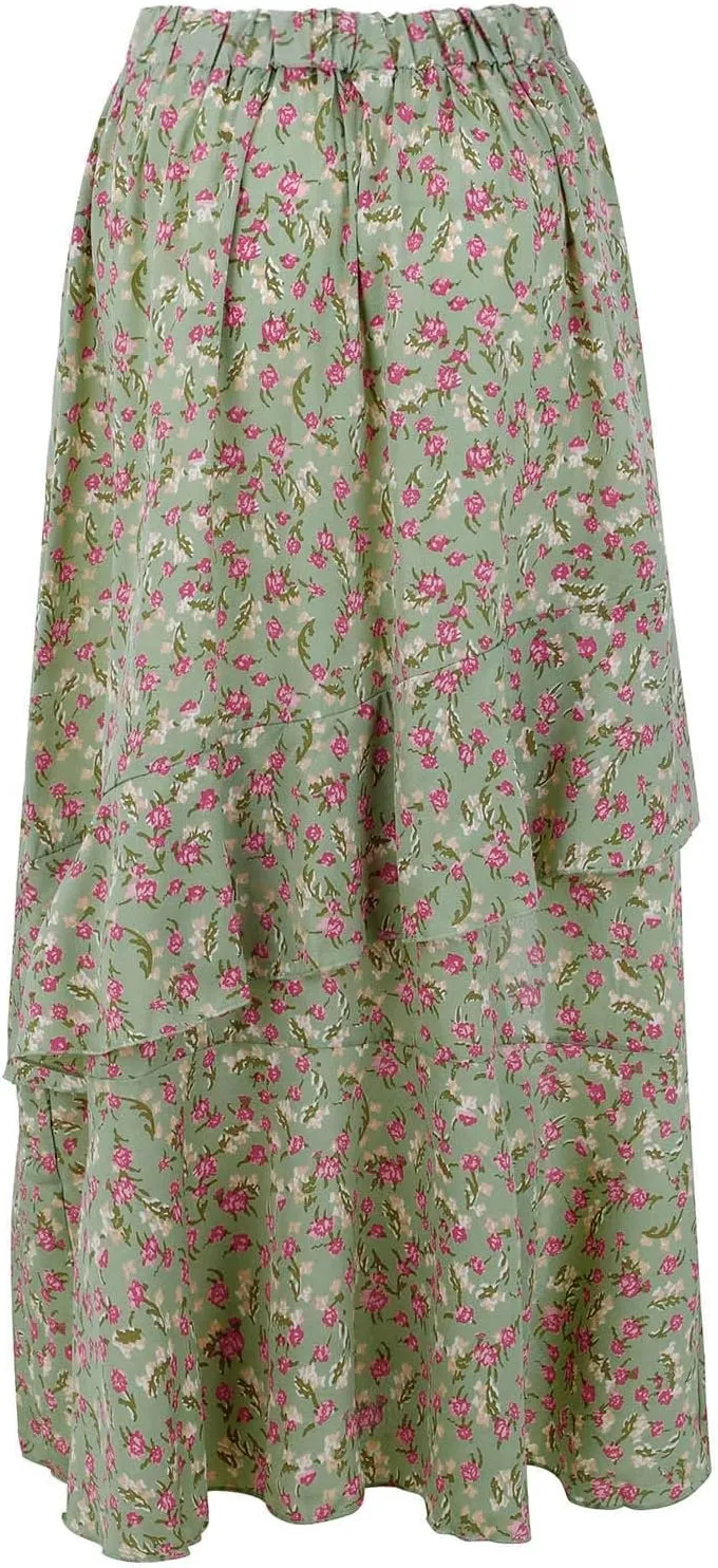 Boho Floral Print Long Skirt Summer High Low Side Slit Ruffle Skirts Women Casual High Waisted Beach Skirt