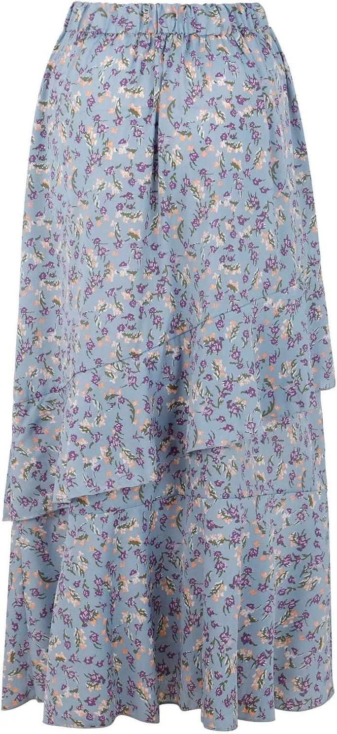 Boho Floral Print Long Skirt Summer High Low Side Slit Ruffle Skirts Women Casual High Waisted Beach Skirt
