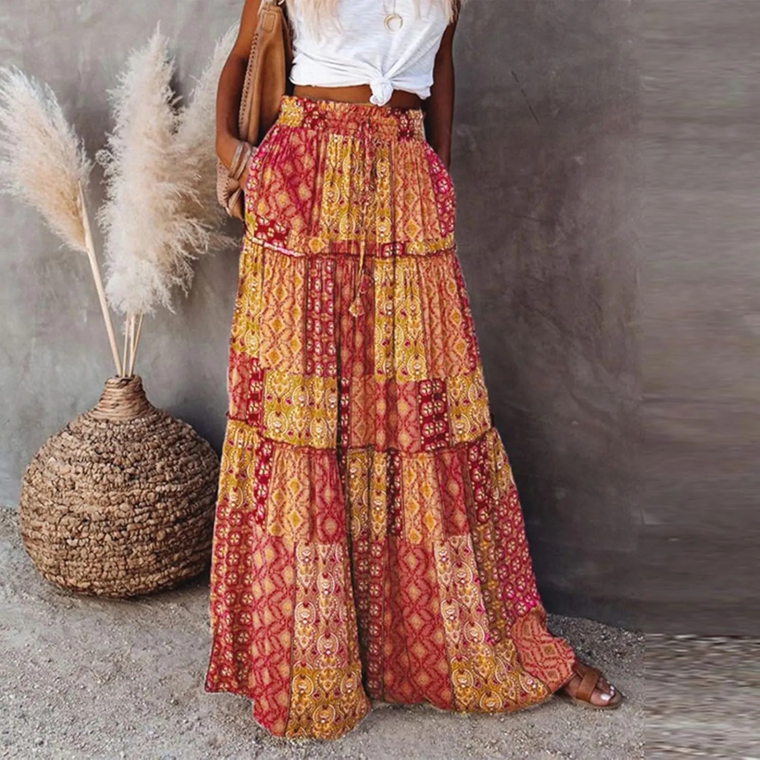 Boho Maxi Skirt for Women Tie Elastic High Waist Long Skirts Casual Summer Tiered Ruffle Trendy Skirt with Pockets