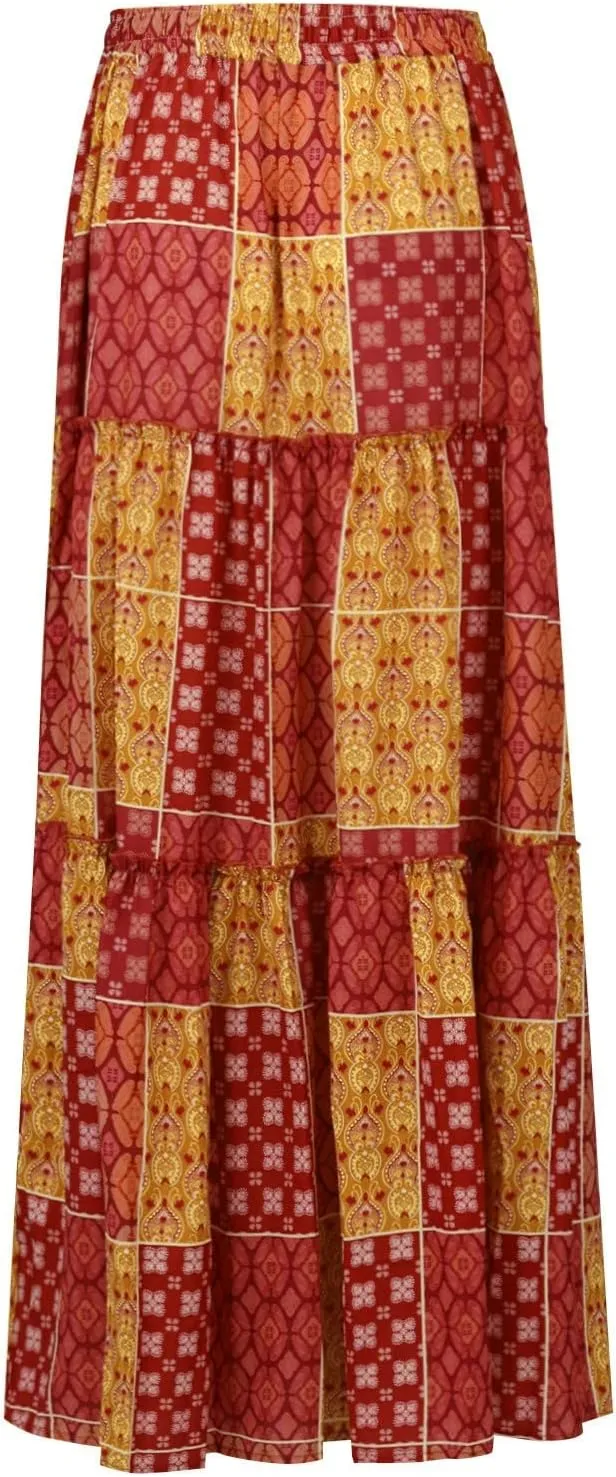 Boho Maxi Skirt for Women Tie Elastic High Waist Long Skirts Casual Summer Tiered Ruffle Trendy Skirt with Pockets