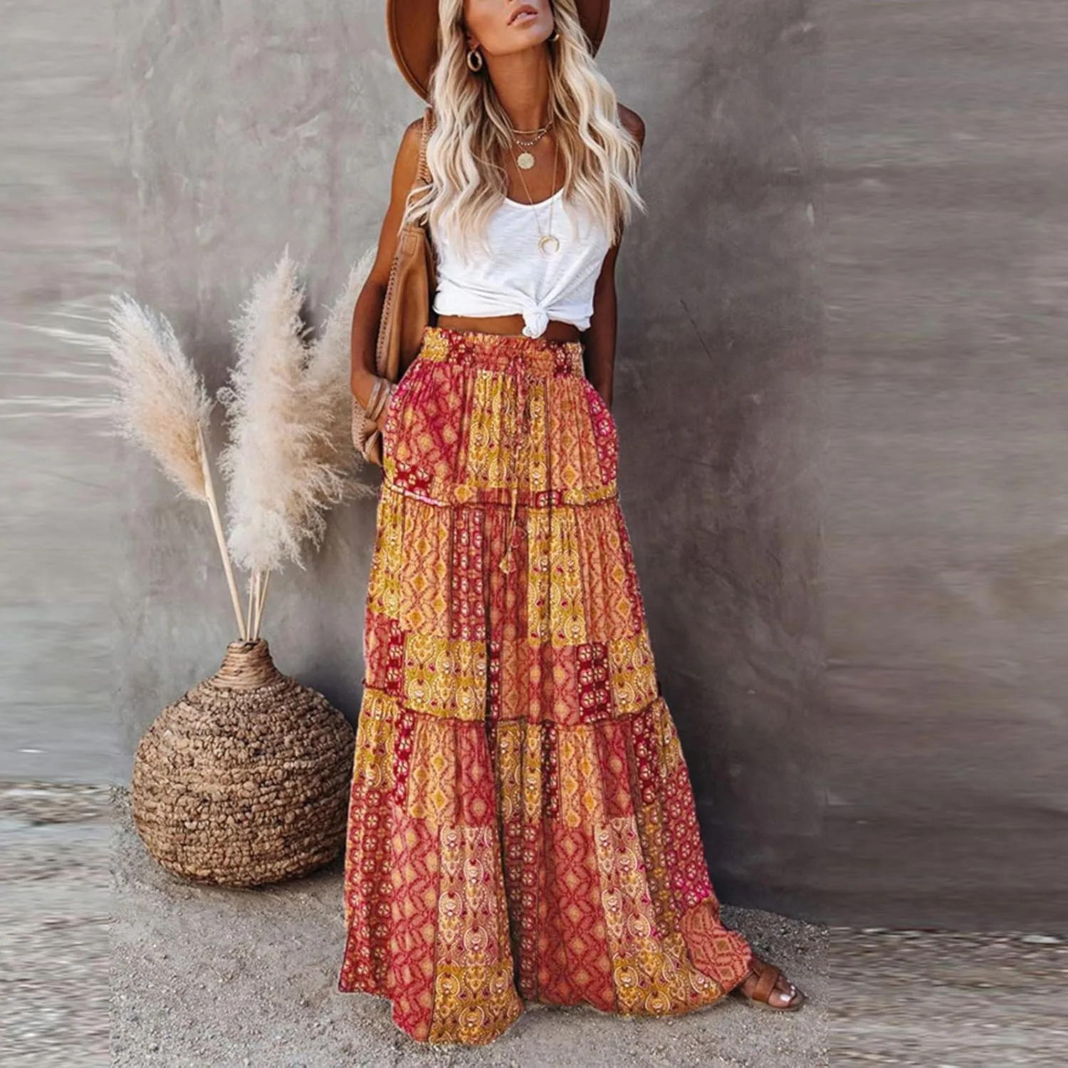 Boho Maxi Skirt for Women Tie Elastic High Waist Long Skirts Casual Summer Tiered Ruffle Trendy Skirt with Pockets