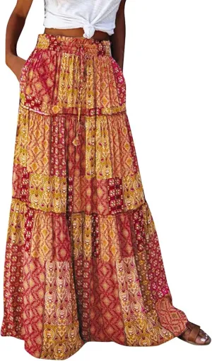 Boho Maxi Skirt for Women Tie Elastic High Waist Long Skirts Casual Summer Tiered Ruffle Trendy Skirt with Pockets