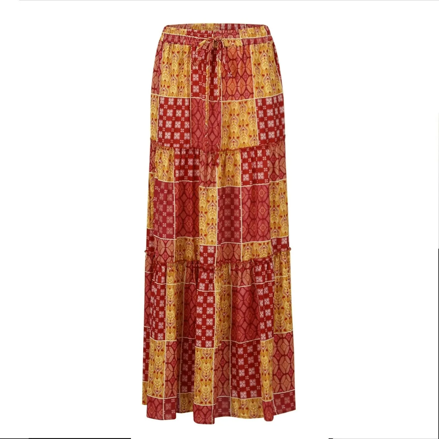 Boho Maxi Skirt for Women Tie Elastic High Waist Long Skirts Casual Summer Tiered Ruffle Trendy Skirt with Pockets