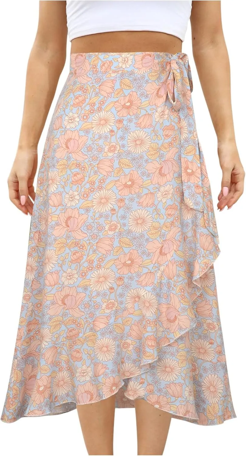 Boho Skirts for Women Trendy Warp Skirt Floral Maxi Skirt Knee Length Beach Skirt Summer Cover Up Skirt Flowy Skirts