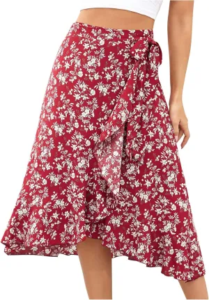 Boho Skirts for Women Trendy Warp Skirt Floral Maxi Skirt Knee Length Beach Skirt Summer Cover Up Skirt Flowy Skirts