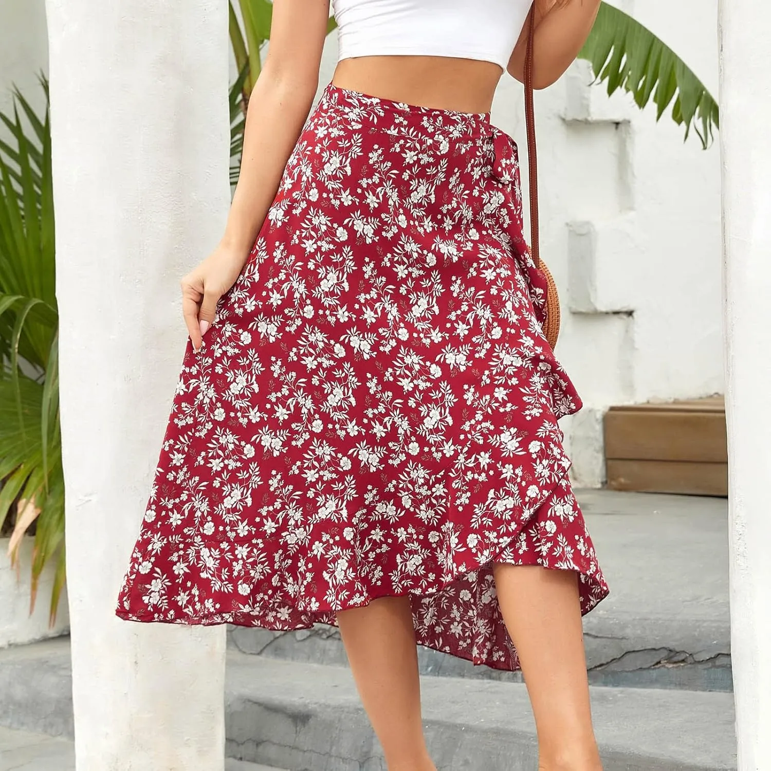 Boho Skirts for Women Trendy Warp Skirt Floral Maxi Skirt Knee Length Beach Skirt Summer Cover Up Skirt Flowy Skirts