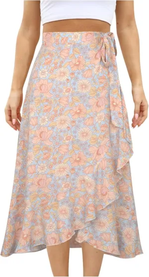 Boho Skirts for Women Trendy Warp Skirt Floral Maxi Skirt Knee Length Beach Skirt Summer Cover Up Skirt Flowy Skirts