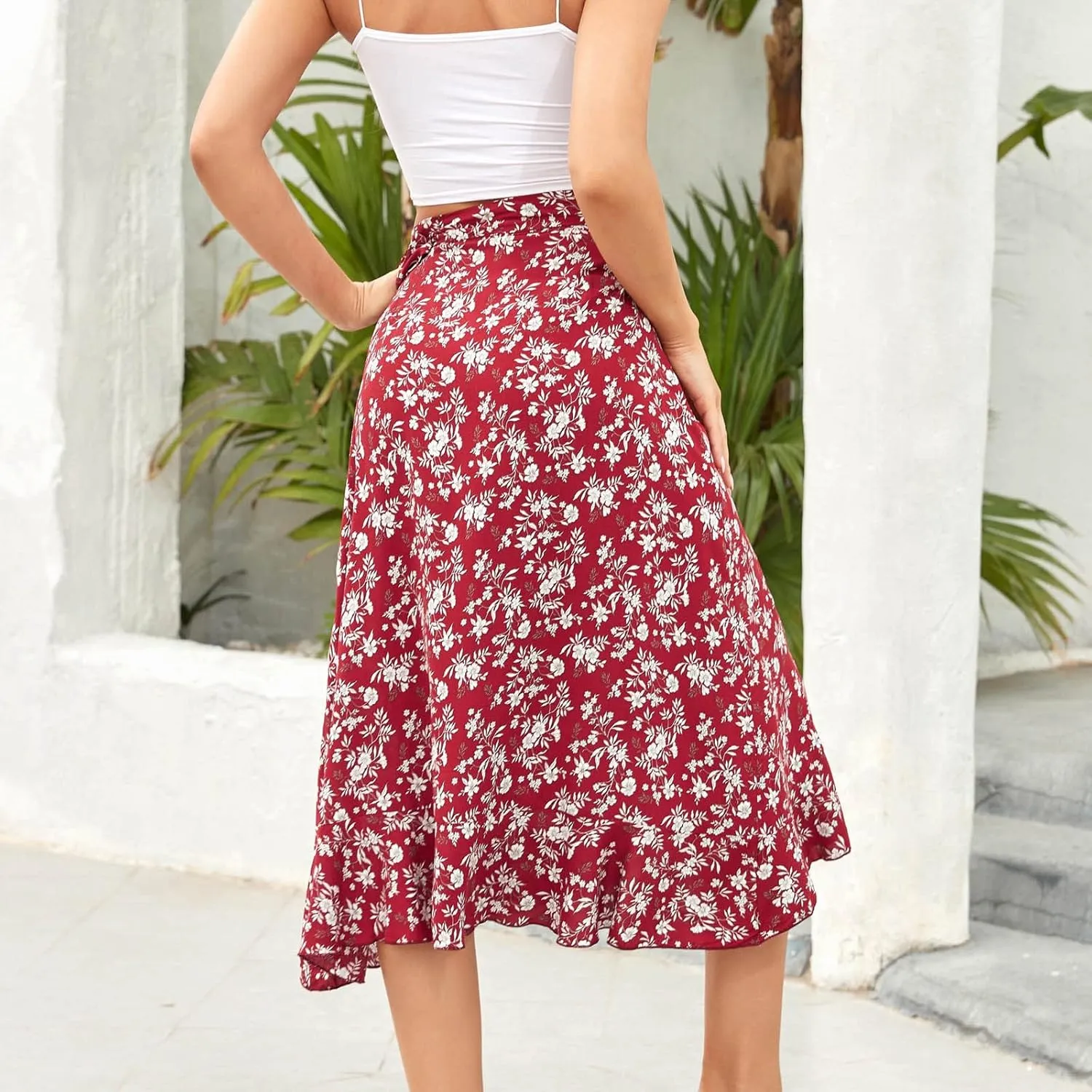 Boho Skirts for Women Trendy Warp Skirt Floral Maxi Skirt Knee Length Beach Skirt Summer Cover Up Skirt Flowy Skirts