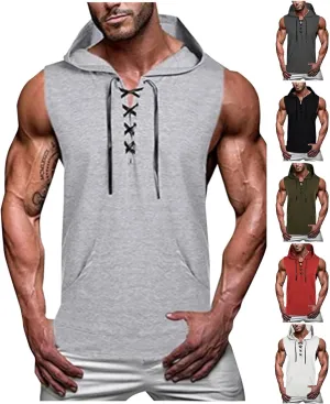 Cambkatl Men's Sleeveless Hoodie Workout Gym Sweatshirt Fashion Laceup V Neck Athletic Pullover Muscle T-Shirts with Pocket