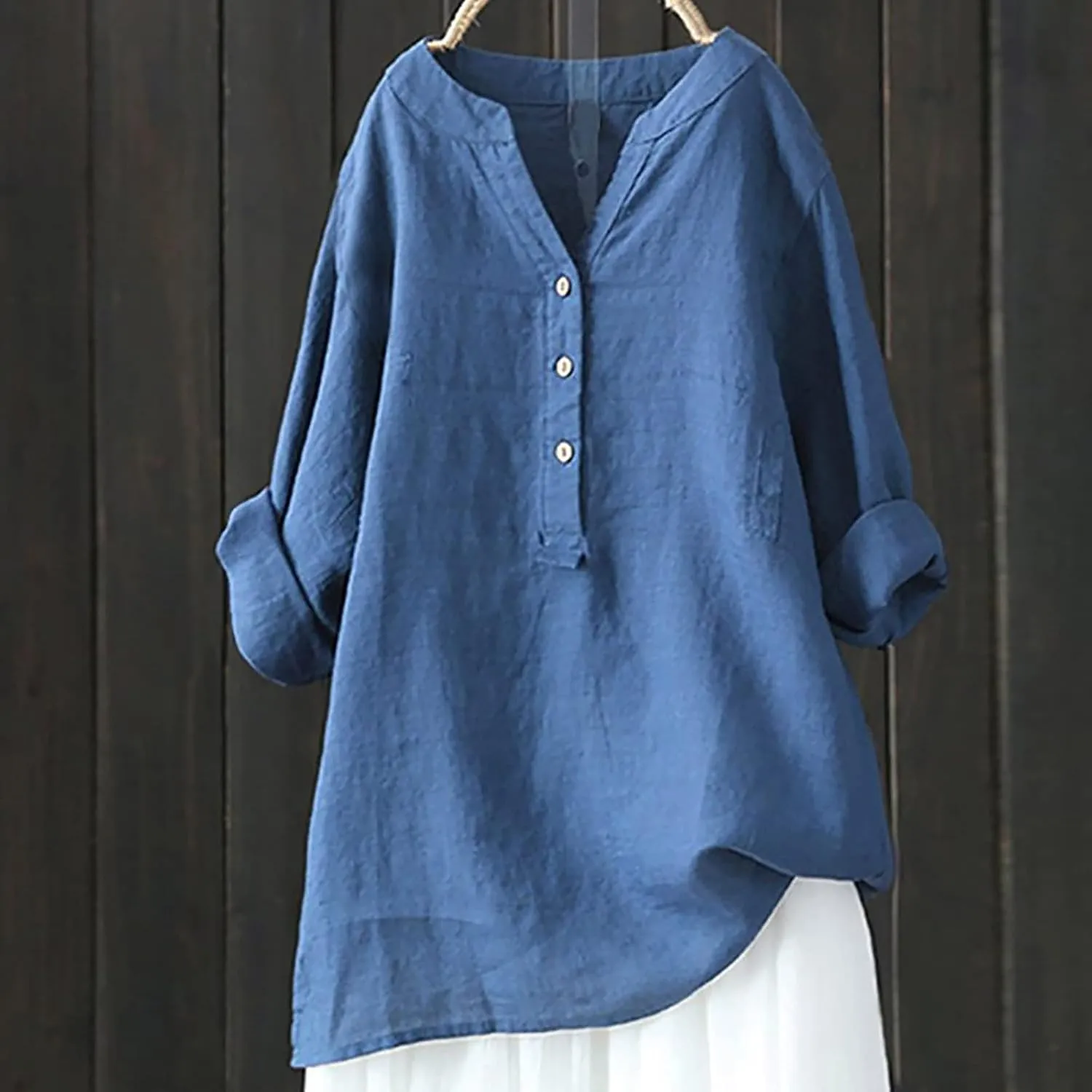 Casual 3/4 Sleeve Linen Button Up Shirts Womens Summer V Neck Linen Tunic Lightweight Loose Fit Plus Size Work Blouse