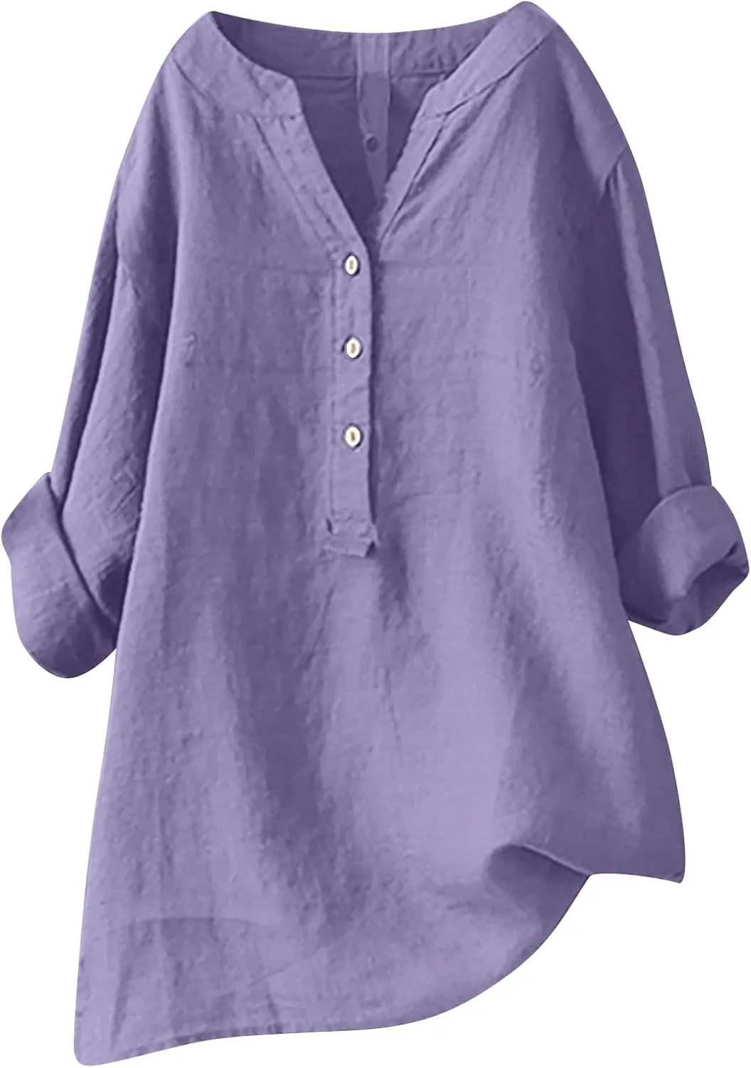 Casual 3/4 Sleeve Linen Button Up Shirts Womens Summer V Neck Linen Tunic Lightweight Loose Fit Plus Size Work Blouse