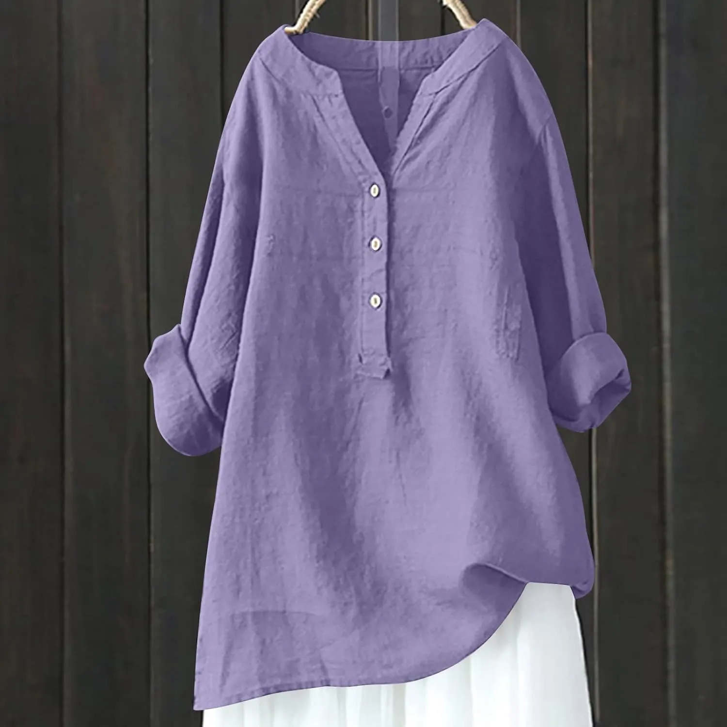 Casual 3/4 Sleeve Linen Button Up Shirts Womens Summer V Neck Linen Tunic Lightweight Loose Fit Plus Size Work Blouse