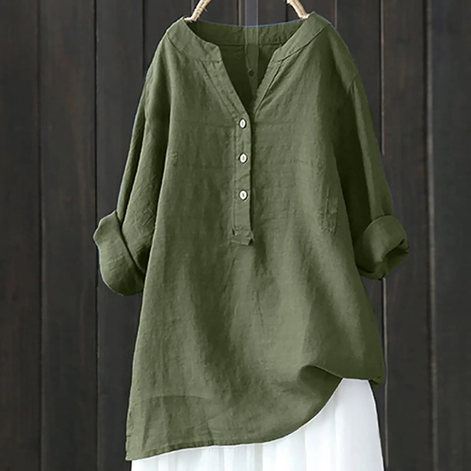 Casual 3/4 Sleeve Linen Button Up Shirts Womens Summer V Neck Linen Tunic Lightweight Loose Fit Plus Size Work Blouse