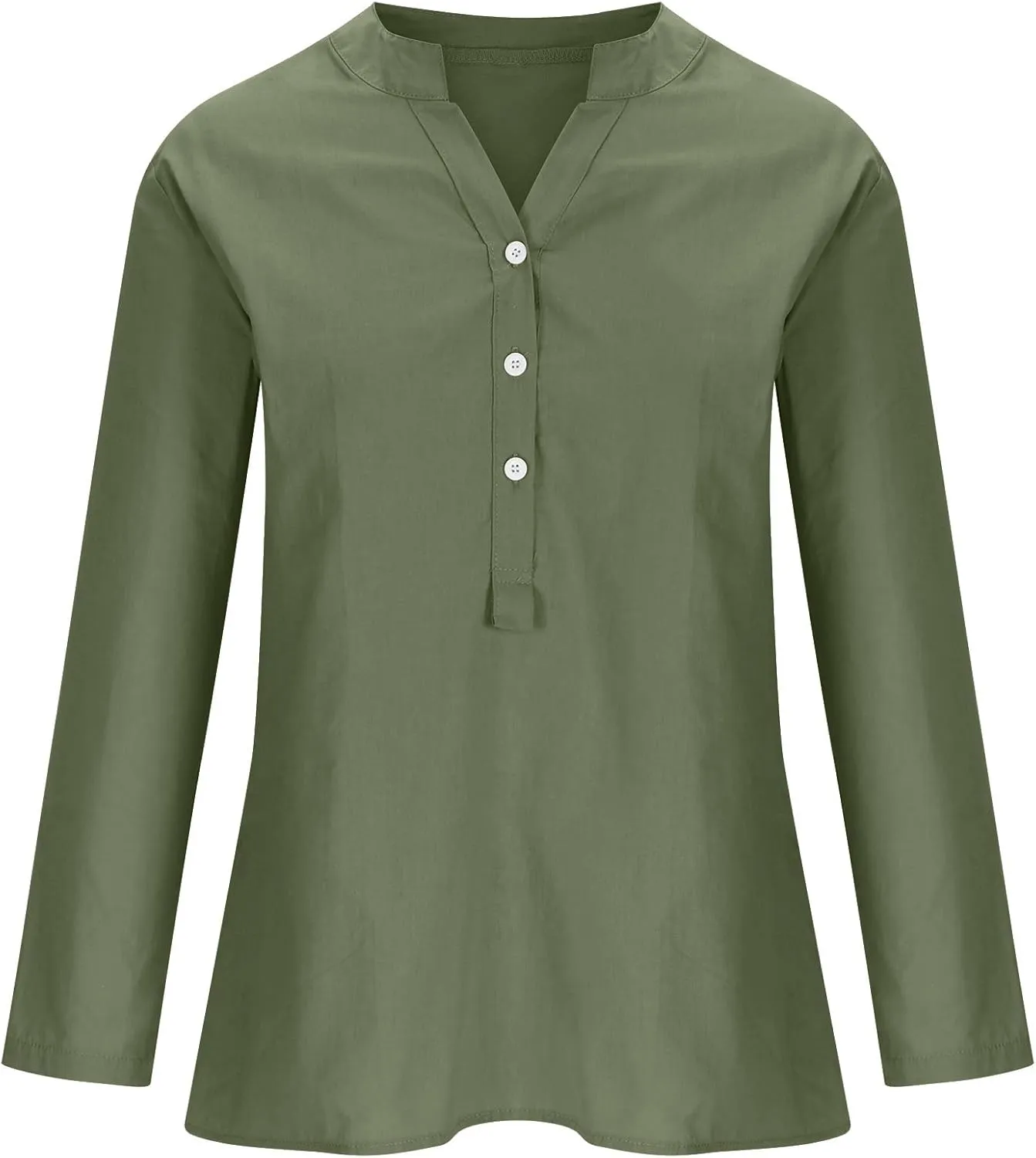Casual 3/4 Sleeve Linen Button Up Shirts Womens Summer V Neck Linen Tunic Lightweight Loose Fit Plus Size Work Blouse