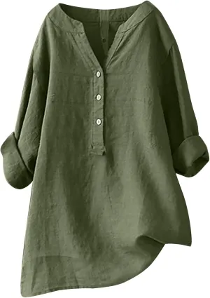 Casual 3/4 Sleeve Linen Button Up Shirts Womens Summer V Neck Linen Tunic Lightweight Loose Fit Plus Size Work Blouse