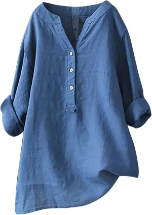Casual 3/4 Sleeve Linen Button Up Shirts Womens Summer V Neck Linen Tunic Lightweight Loose Fit Plus Size Work Blouse