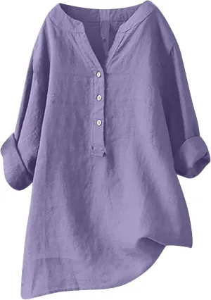 Casual 3/4 Sleeve Linen Button Up Shirts Womens Summer V Neck Linen Tunic Lightweight Loose Fit Plus Size Work Blouse
