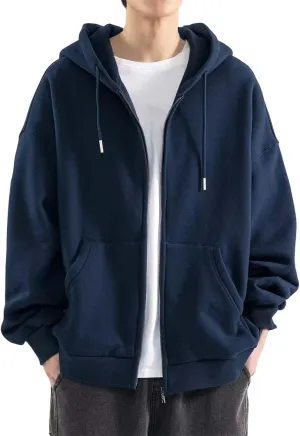 Casual Solid Zip Up Hooded Jacket for Men Gym Workout Drawstring Long Sleeve Hoodies Loose Fit Sweatshirt with Pocket
