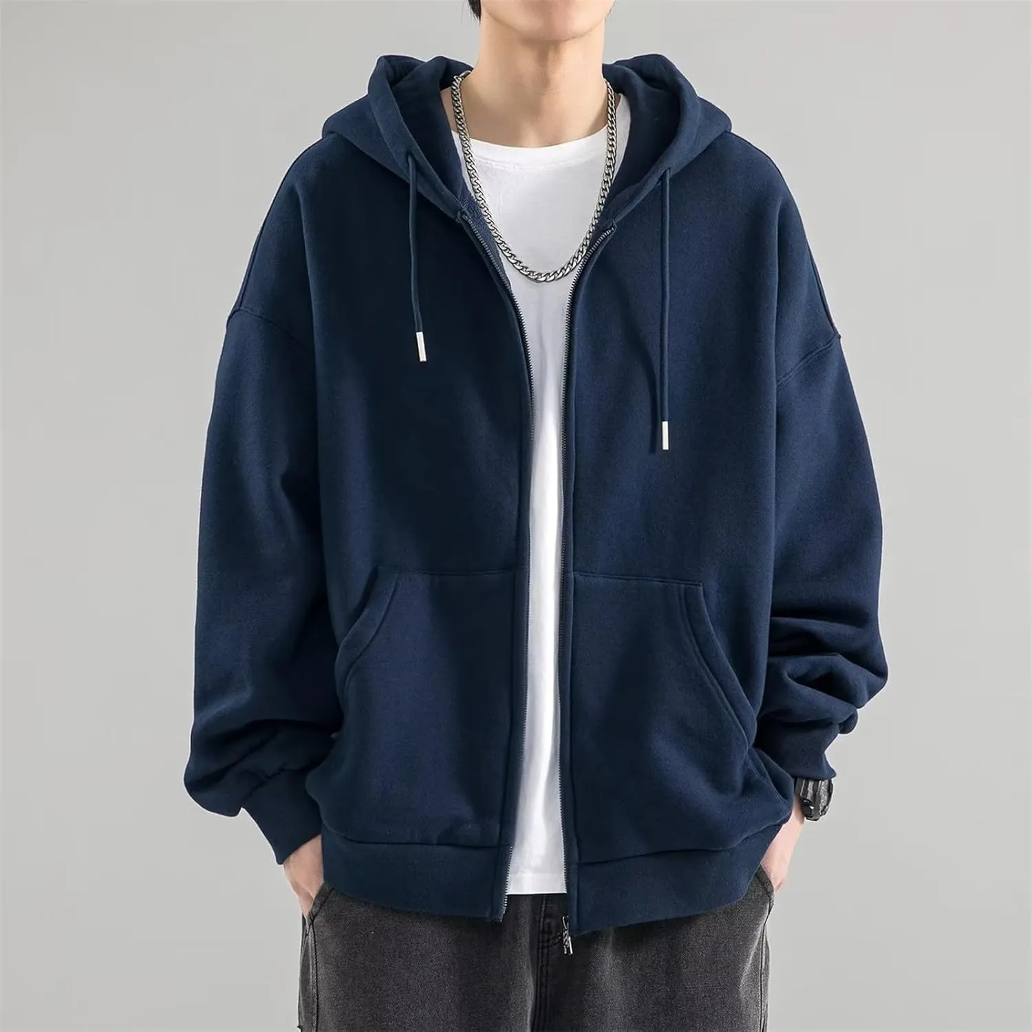 Casual Solid Zip Up Hooded Jacket for Men Gym Workout Drawstring Long Sleeve Hoodies Loose Fit Sweatshirt with Pocket
