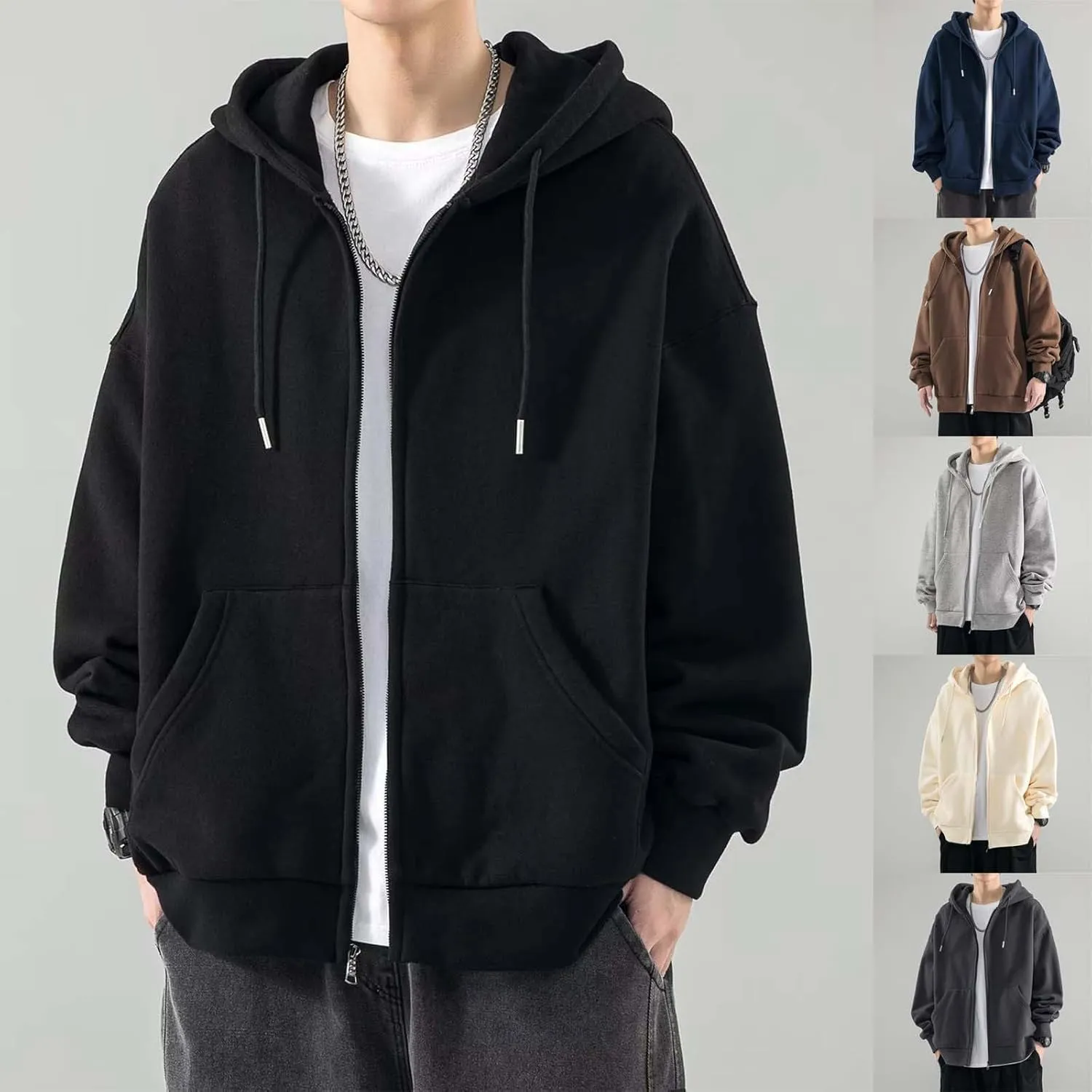 Casual Solid Zip Up Hooded Jacket for Men Gym Workout Drawstring Long Sleeve Hoodies Loose Fit Sweatshirt with Pocket