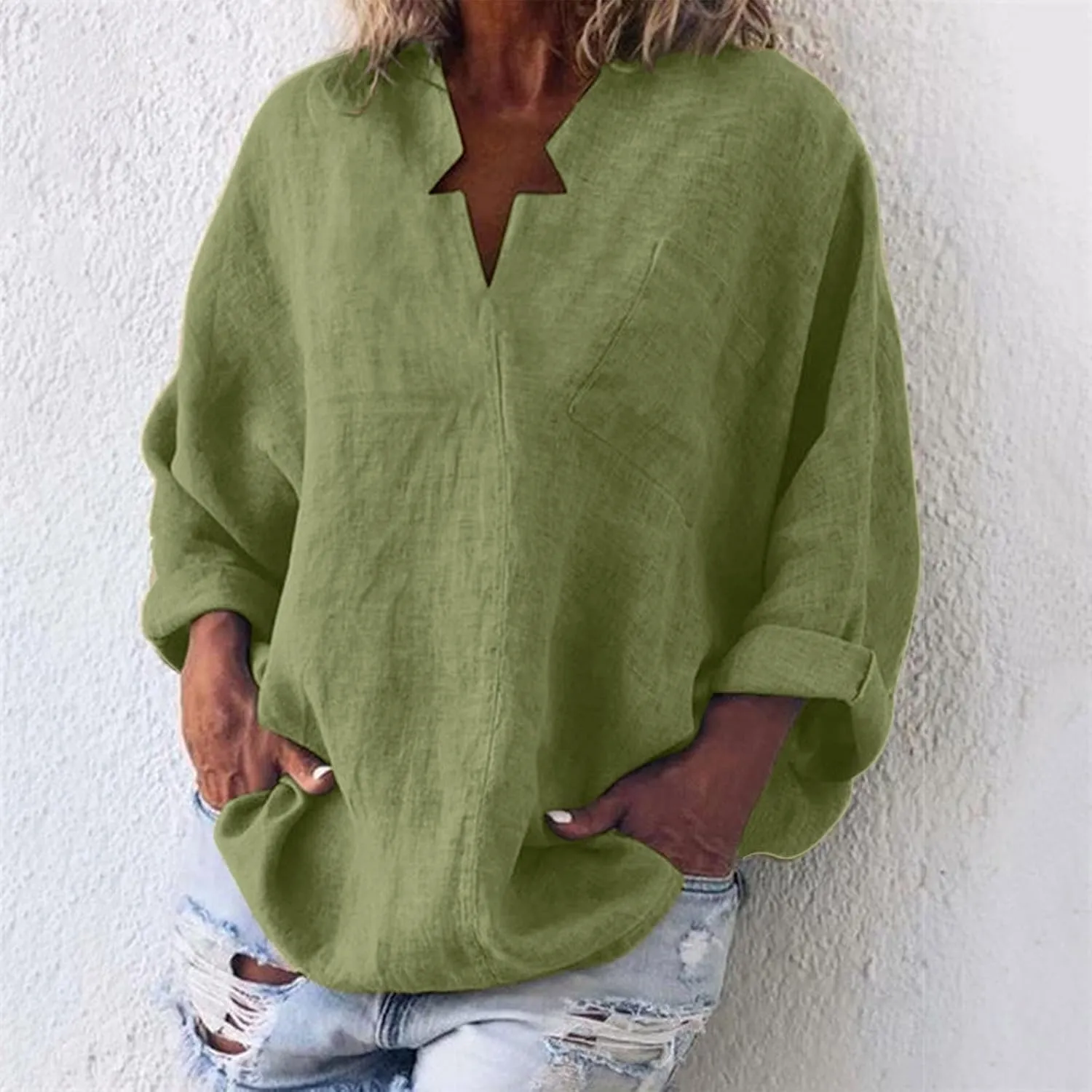 Ceboyel Women Cotton Linen Henley Shirts Oversized Long Sleeve Summer Tops V Neck Blouses Loose Fit Casual Outfits Clothing