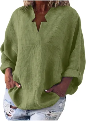 Ceboyel Women Cotton Linen Henley Shirts Oversized Long Sleeve Summer Tops V Neck Blouses Loose Fit Casual Outfits Clothing