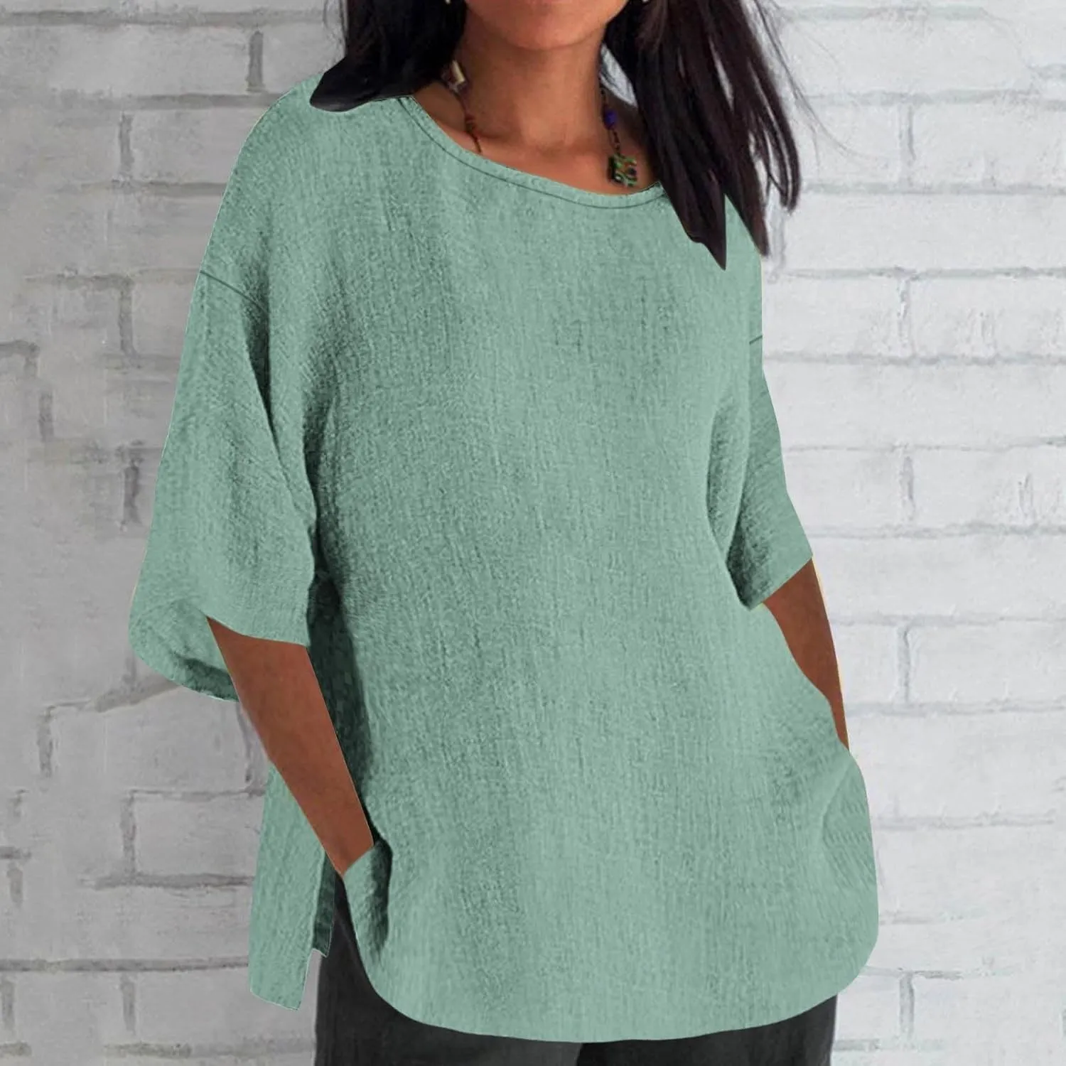 Ceboyel Women's Cotton Linen Tunic Shirts Dandelion Print Summer Tops 3/4 Sleeve Blouse Tshirts Bohemian Style Clothes 2023