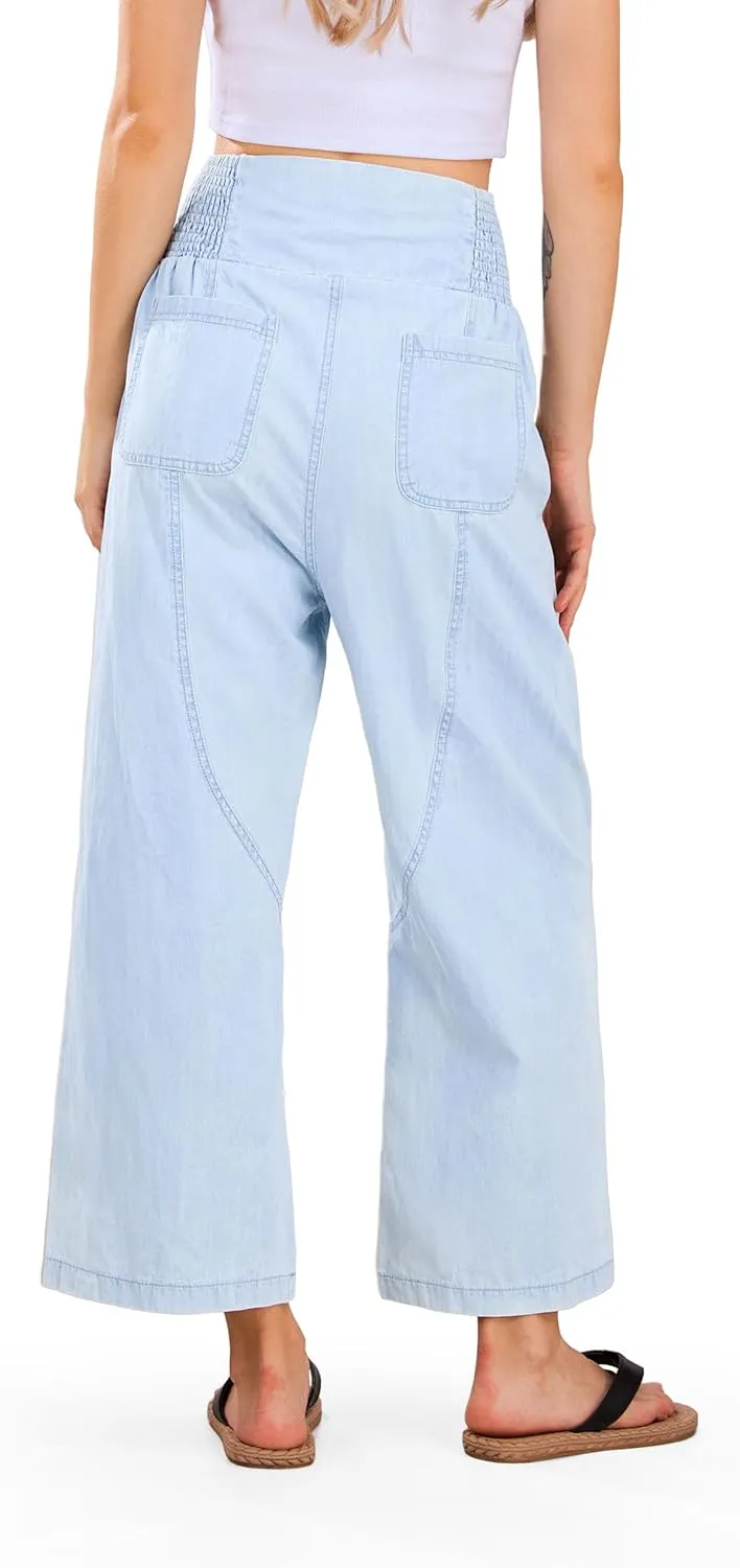 CHARTOU Denim Harem Pants for Women Loose Fit Wide Leg Cropped Barrel Jeans