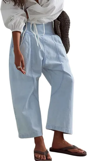 CHARTOU Denim Harem Pants for Women Loose Fit Wide Leg Cropped Barrel Jeans