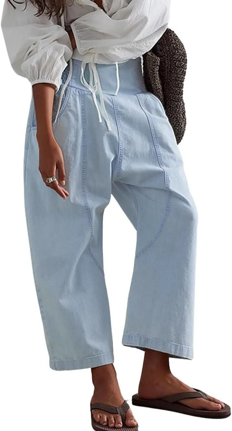 CHARTOU Denim Harem Pants for Women Loose Fit Wide Leg Cropped Barrel Jeans