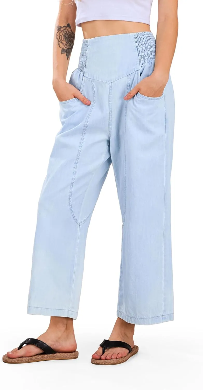 CHARTOU Denim Harem Pants for Women Loose Fit Wide Leg Cropped Barrel Jeans