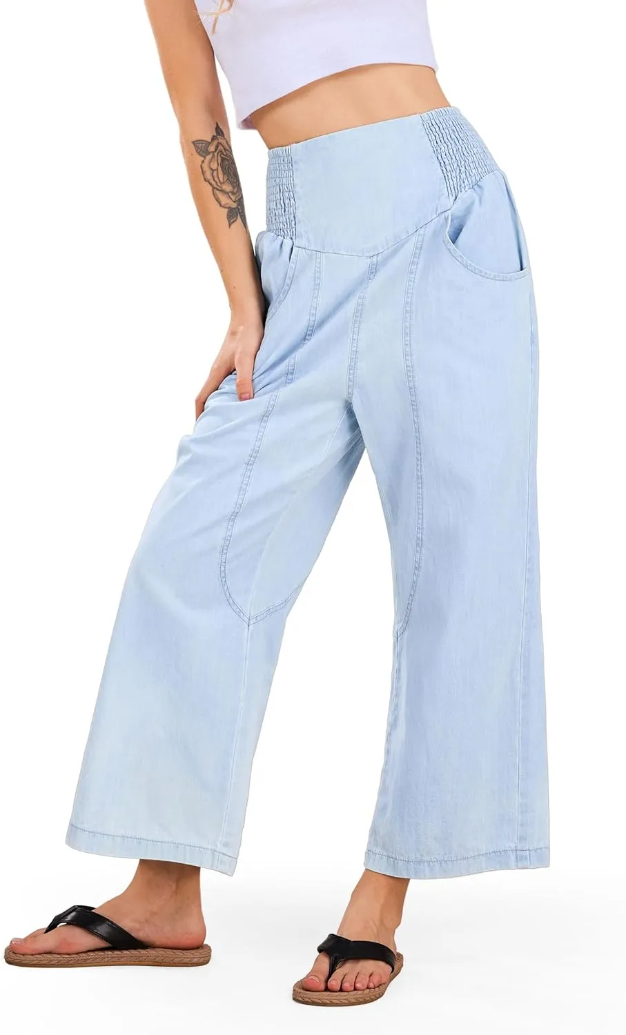 CHARTOU Denim Harem Pants for Women Loose Fit Wide Leg Cropped Barrel Jeans