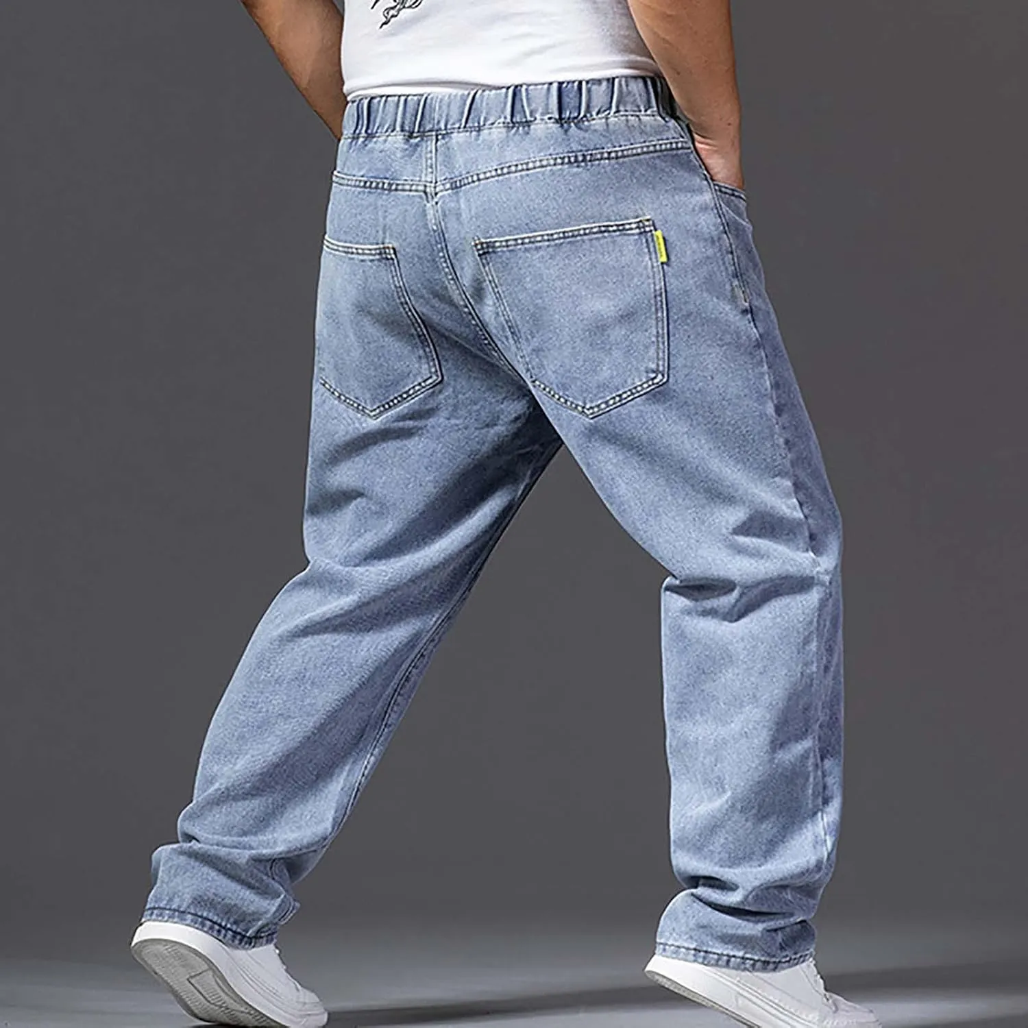 Classic Jeans for Men Fashion Elastic Waist Drawstring Denim Pants Casual Loose Straight Legs Trousers with Pockets