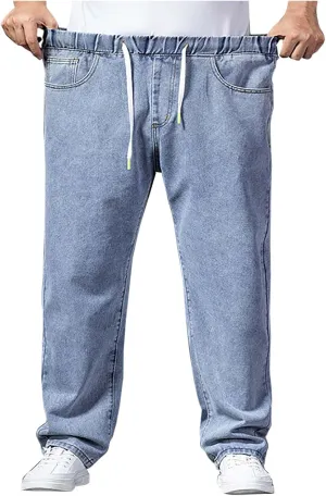 Classic Jeans for Men Fashion Elastic Waist Drawstring Denim Pants Casual Loose Straight Legs Trousers with Pockets